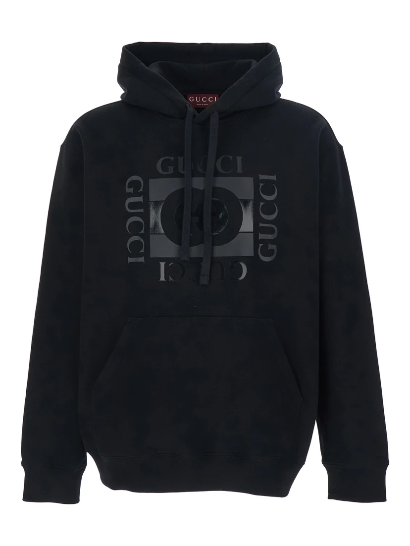 Black Hooded Sweatshirt with Drawstring and Front Logo in Cotton for Men