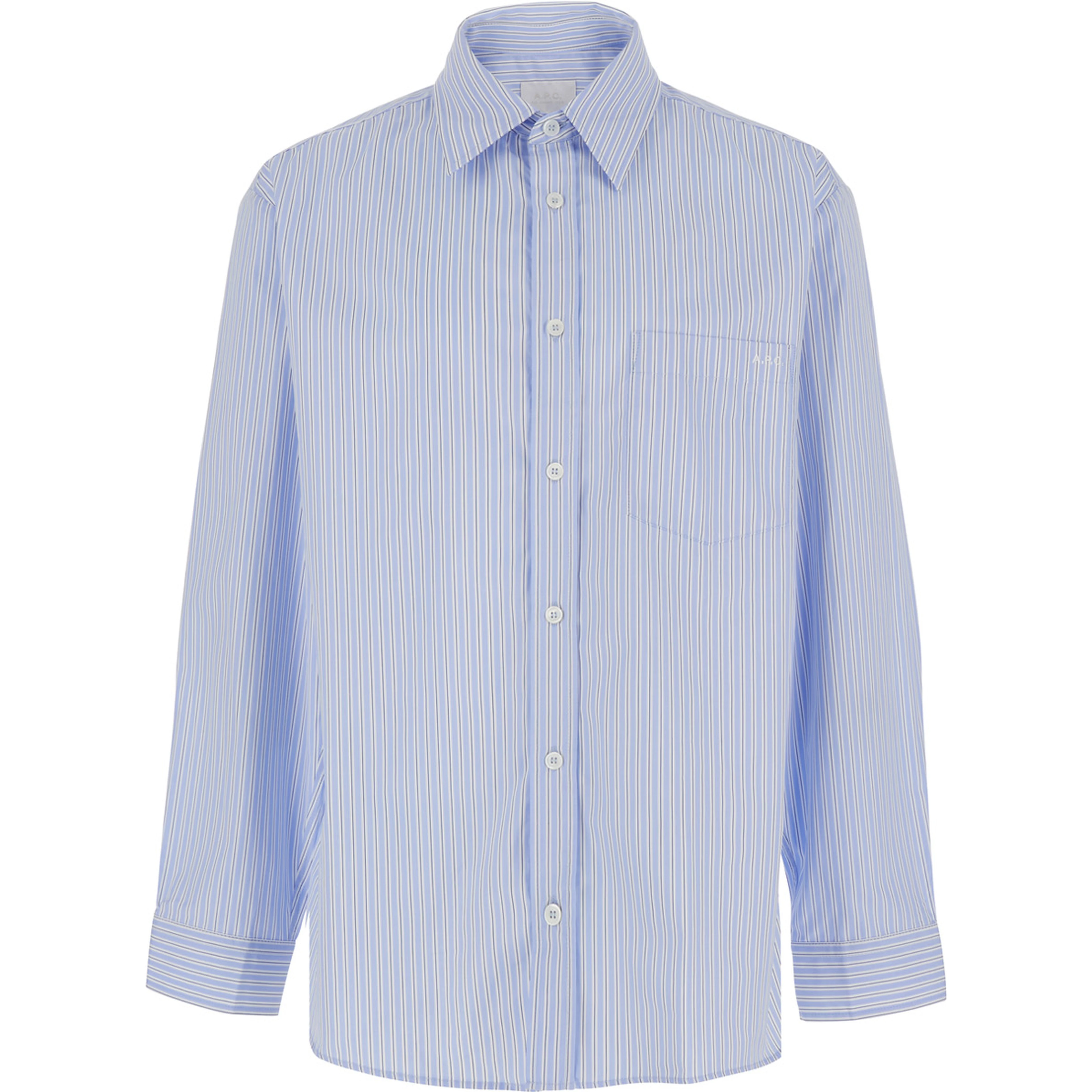 Light Blue Long-Sleeved Shirt with Classic Collar and Striped Motif in Cotton for Men