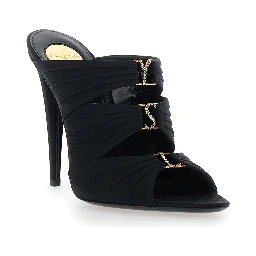 EMILIE Black Heeled Sandals with Cassandre Plate on the Front in Leather Woman
