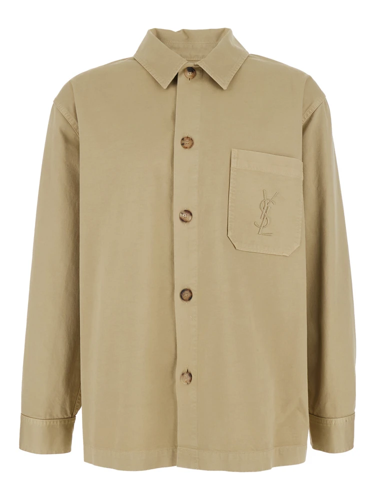 Beige Shirt with Classic Collar and Cassandre Embroidery on the Front in Cotton for Men