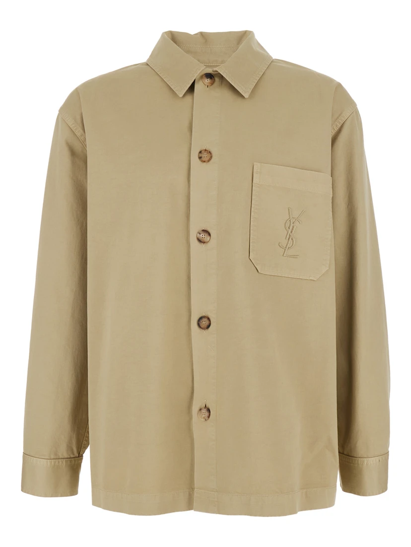 Beige Shirt with Classic Collar and Cassandre Embroidery on the Front in Cotton for Men