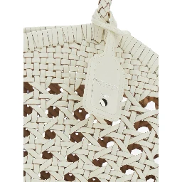 Lip White Shoulder Bag with Rounded Handles and Woven Design in Leather Women
