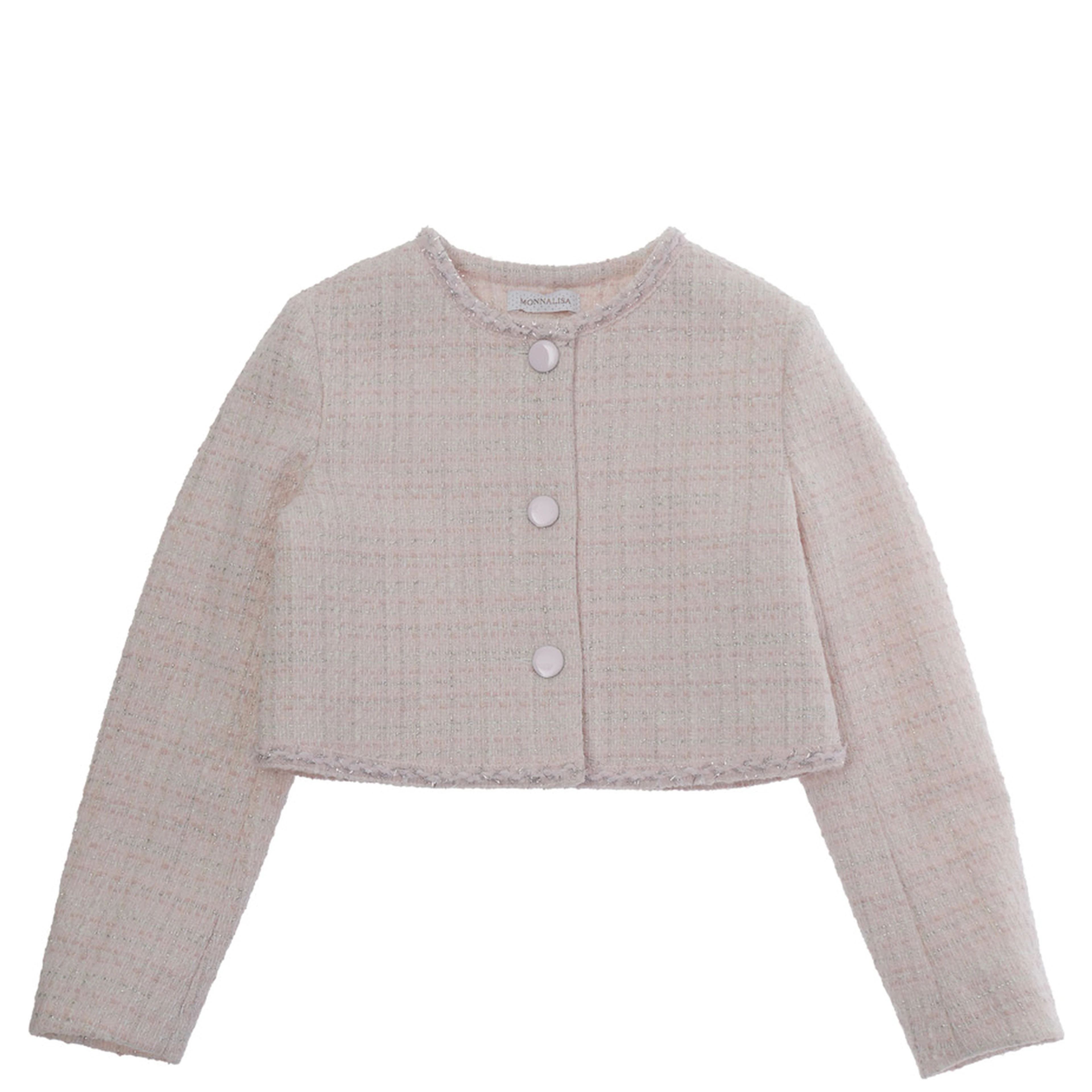 Pink Jacket with Round Neck and Tweed Effect Design in Cotton Blend for Girls