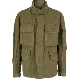Green Jacket with Stand-up Collar and Removable Hood in Cotton Men