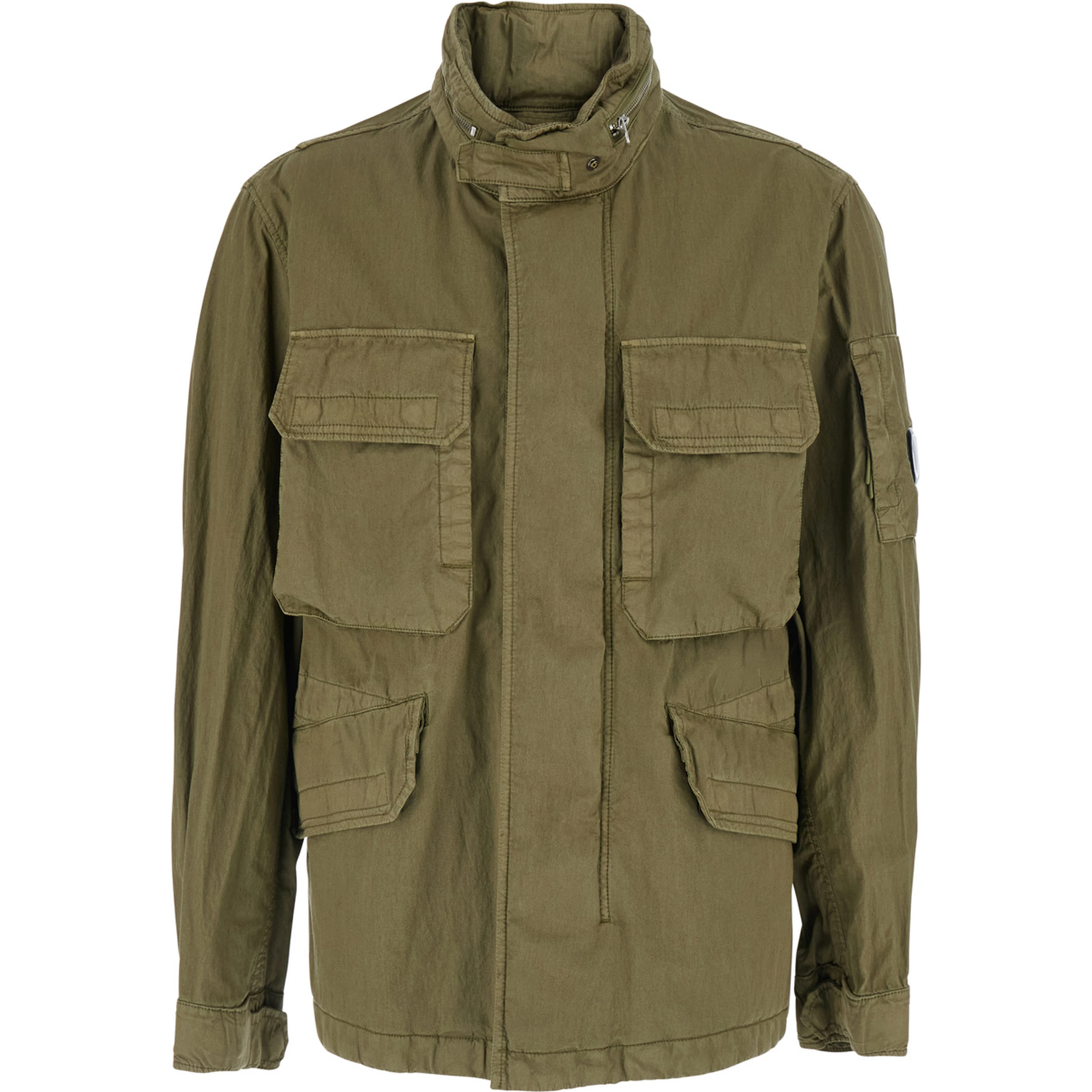 Green Jacket with Stand-up Collar and Removable Hood in Cotton Men