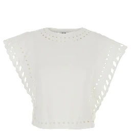Odyle White Crew Neck Top with Cut-Out Details in Cotton for Women