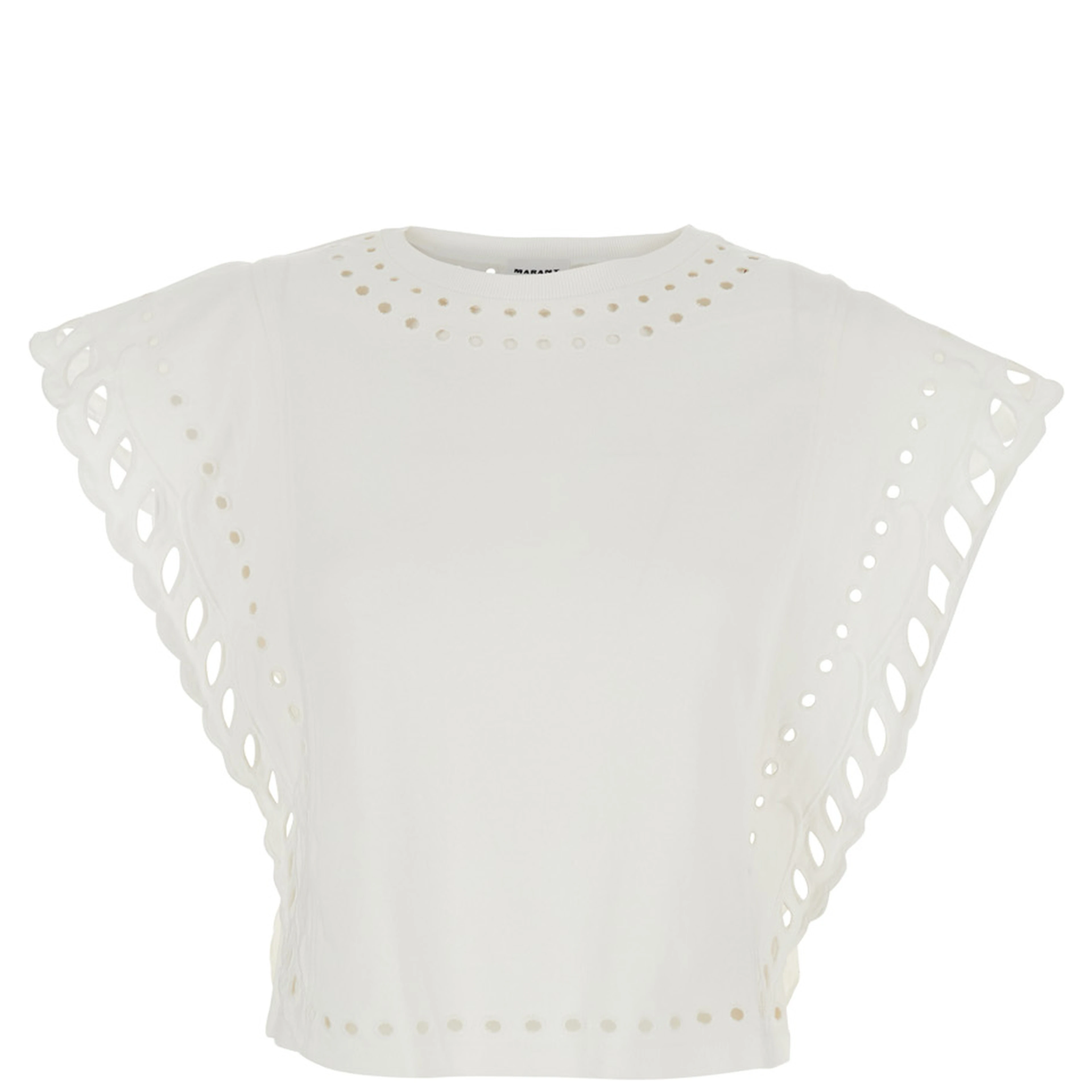 Odyle White Crew Neck Top with Cut-Out Details in Cotton for Women