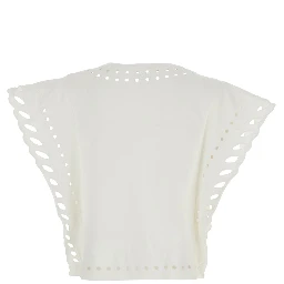 Odyle White Crew Neck Top with Cut-Out Details in Cotton for Women