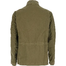 Green Jacket with Stand-up Collar and Removable Hood in Cotton Men