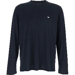 Blue Crewneck T-Shirt with Logo Embroidery on the Front in Cotton Blend Man