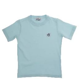 Crew Neck T-Shirt with Logo Patch on the Front in Blue Cotton for Kids