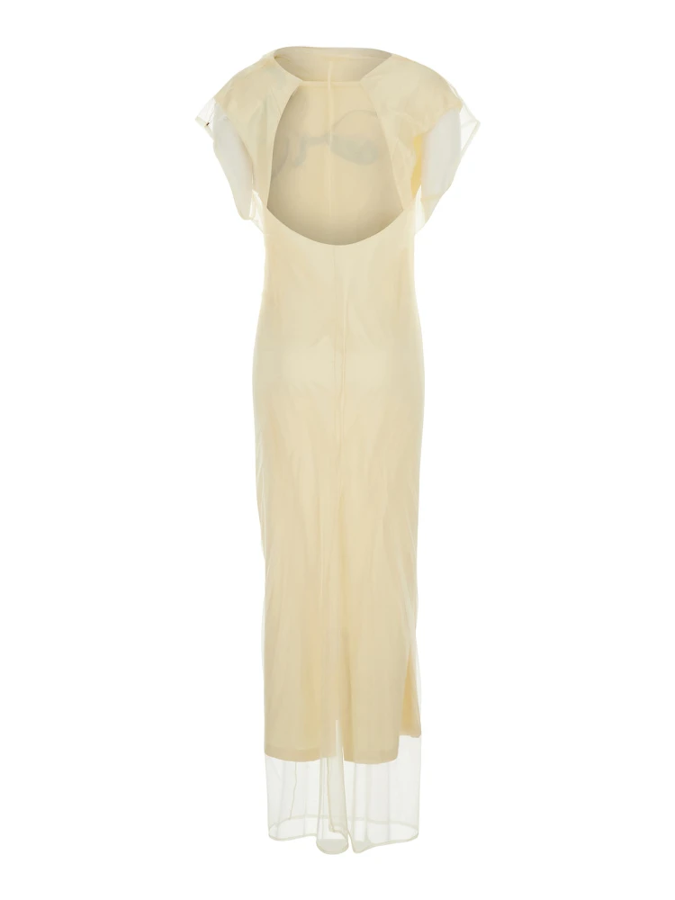 Viale Yellow Long Dress with Floral Motif on the Front and Round Neckline on the Back in Stretch Tech Fabric for Women