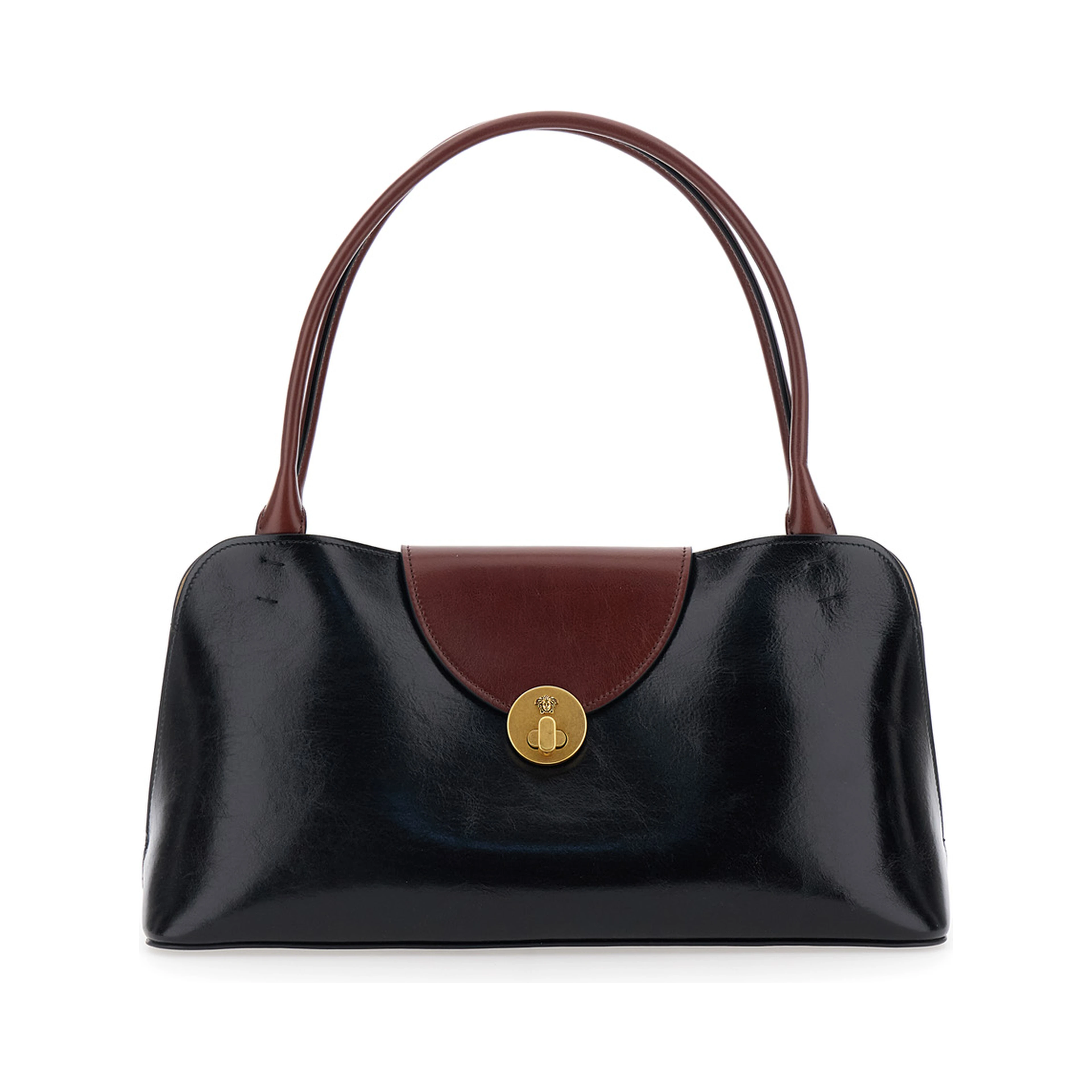 Vivien Black Shoulder Bag with Turn Lock Closure and Medusa Plaque in Leather for Women