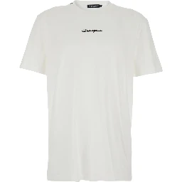 White Crew Neck T-shirt with Front Logo in Cotton for Men