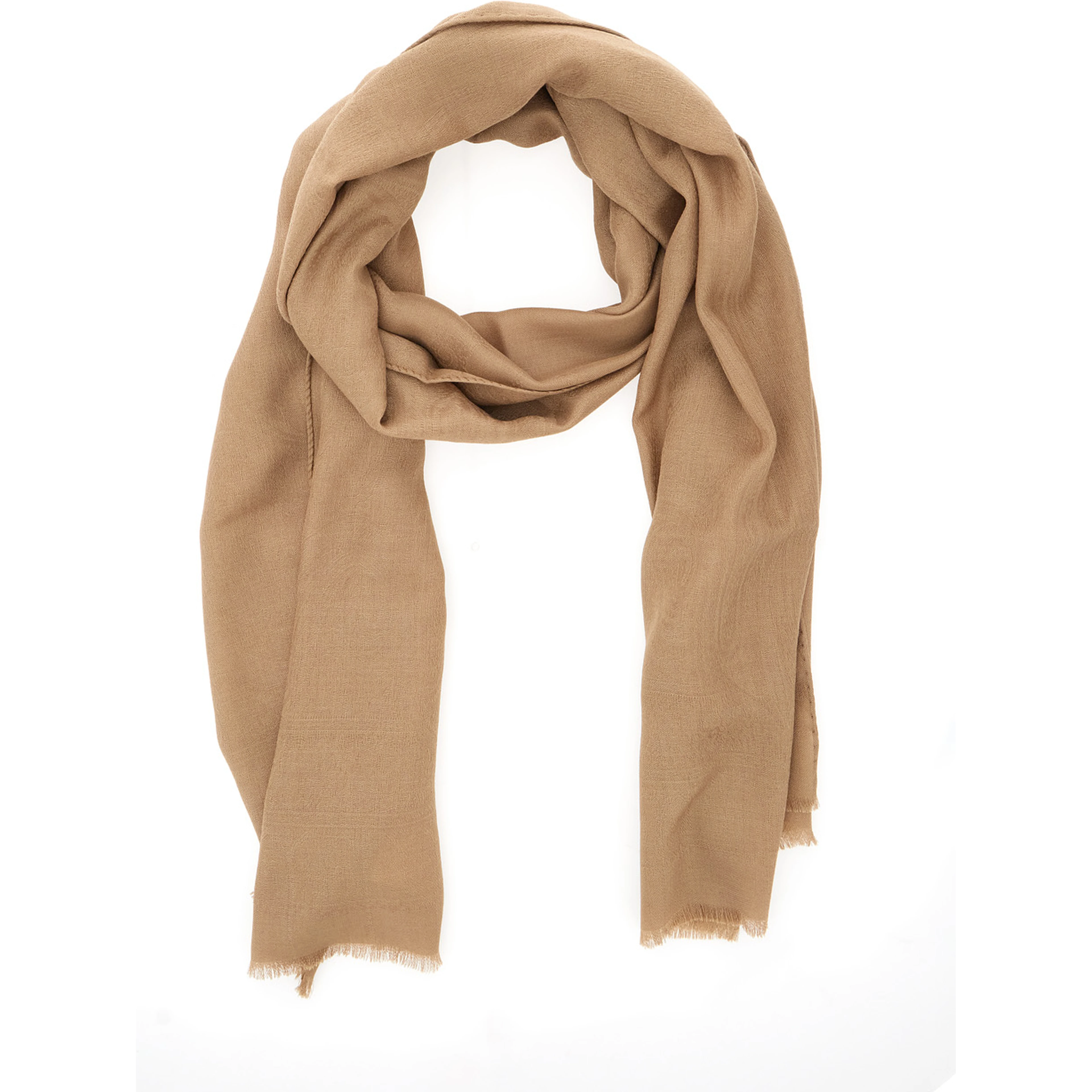 Beige Scarf with Fringed Edge in Wool and Silk Blend Woman