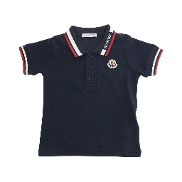 Blue Polo Shirt with collar and sleeves with striped details and logo patch on the front in cotton baby