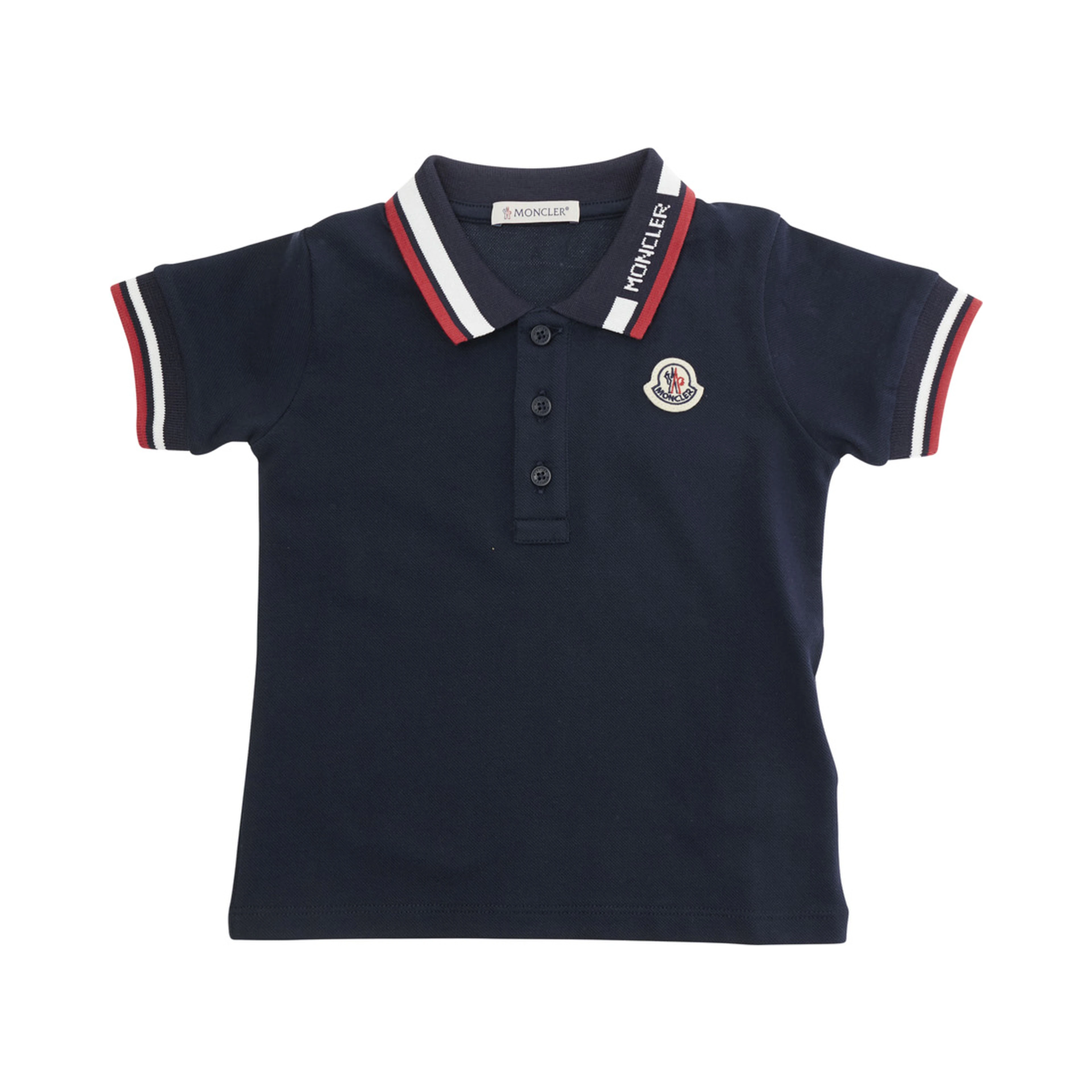 Blue Polo Shirt with collar and sleeves with striped details and logo patch on the front in cotton baby
