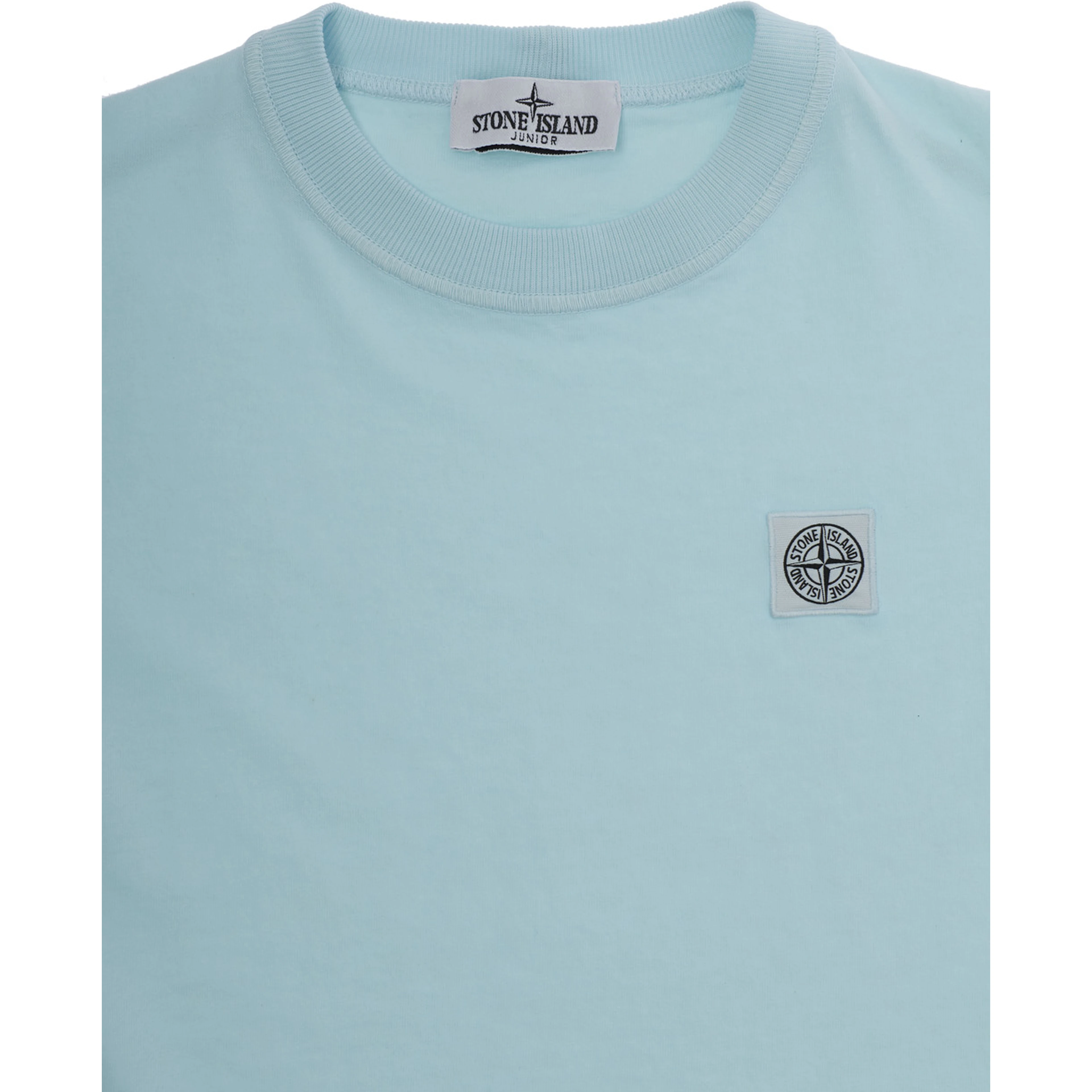 Crew Neck T-Shirt with Logo Patch on the Front in Blue Cotton for Kids