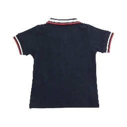Blue Polo Shirt with collar and sleeves with striped details and logo patch on the front in cotton baby