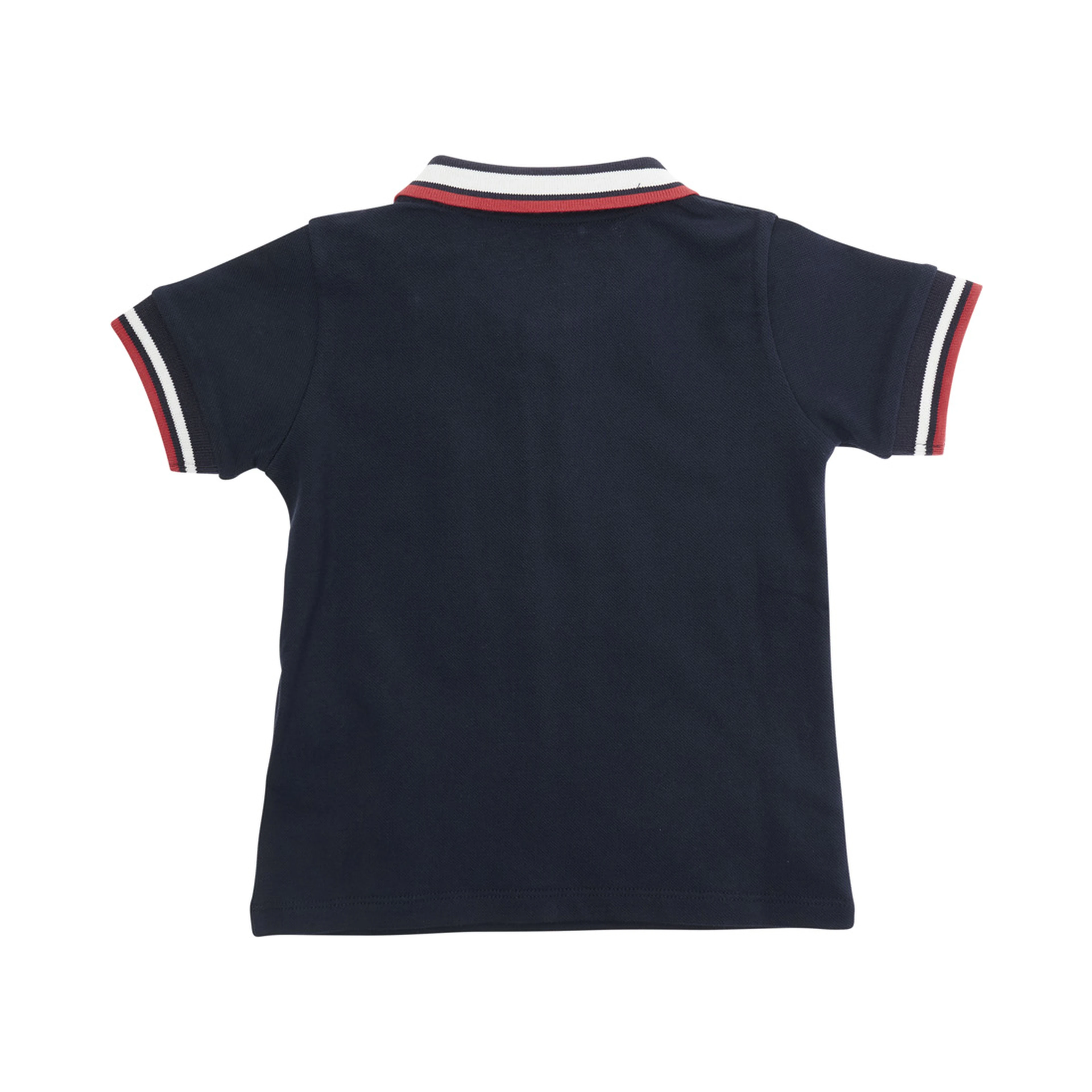 Blue Polo Shirt with collar and sleeves with striped details and logo patch on the front in cotton baby