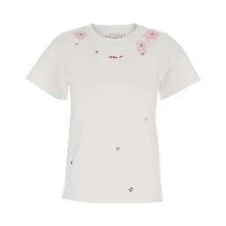 white T-shirt with floral embroidery in cotton for women