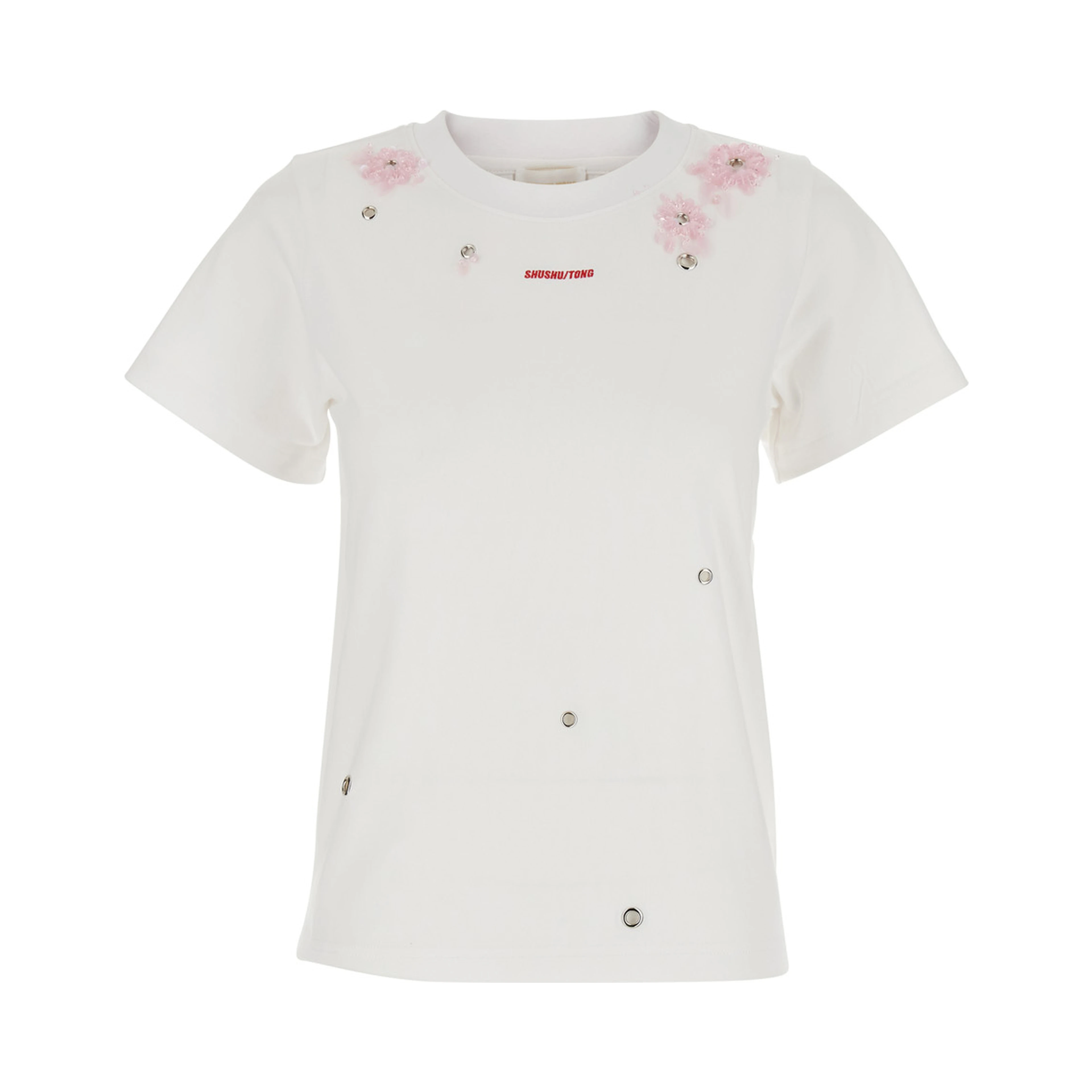 white T-shirt with floral embroidery in cotton for women