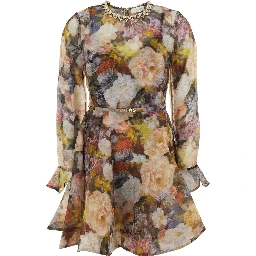 Alchemy Multicolor Mini Dress with all-over print and front belt in linen and silk for women