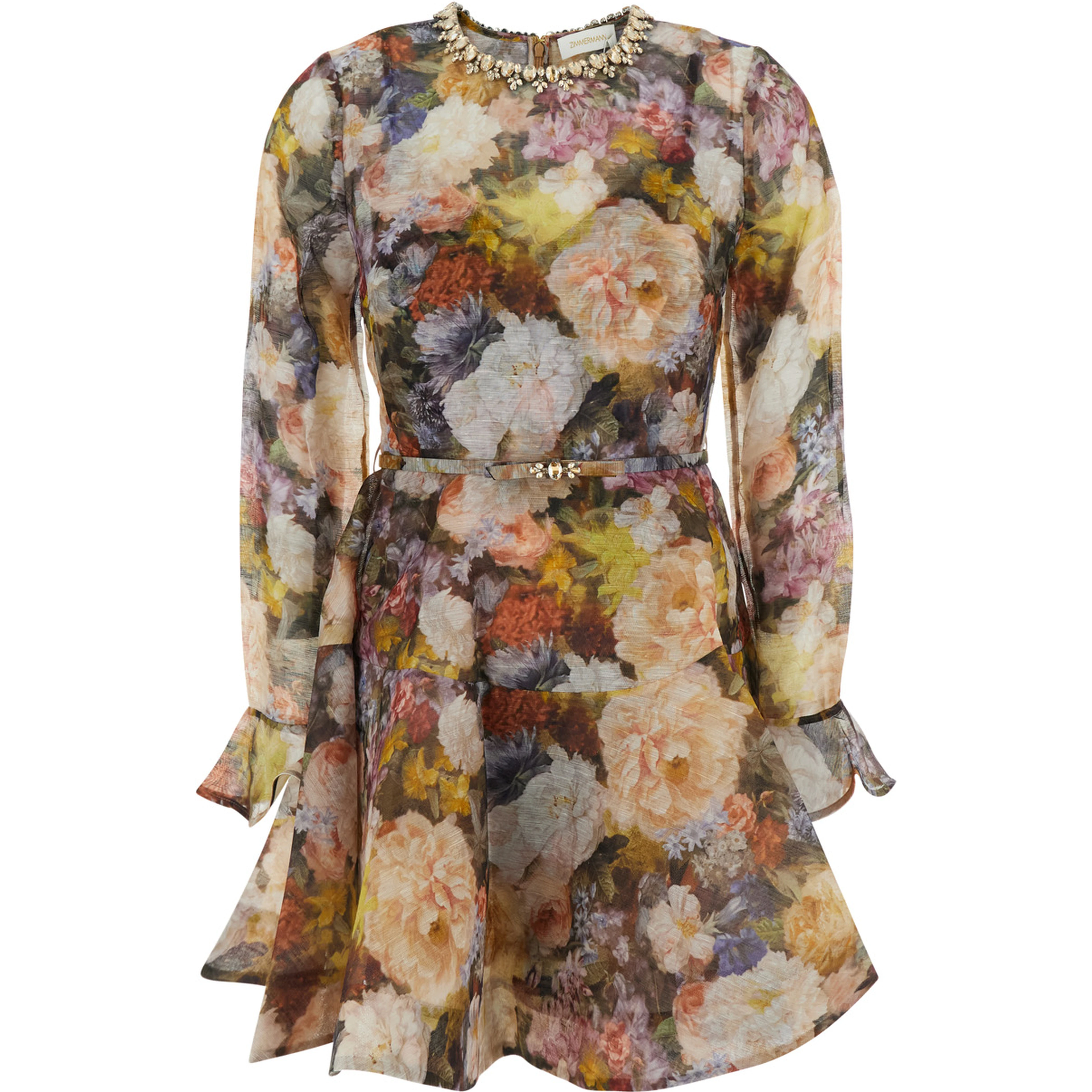 Alchemy Multicolor Mini Dress with all-over print and front belt in linen and silk for women