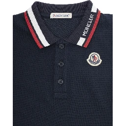 Blue Polo Shirt with collar and sleeves with striped details and logo patch on the front in cotton baby