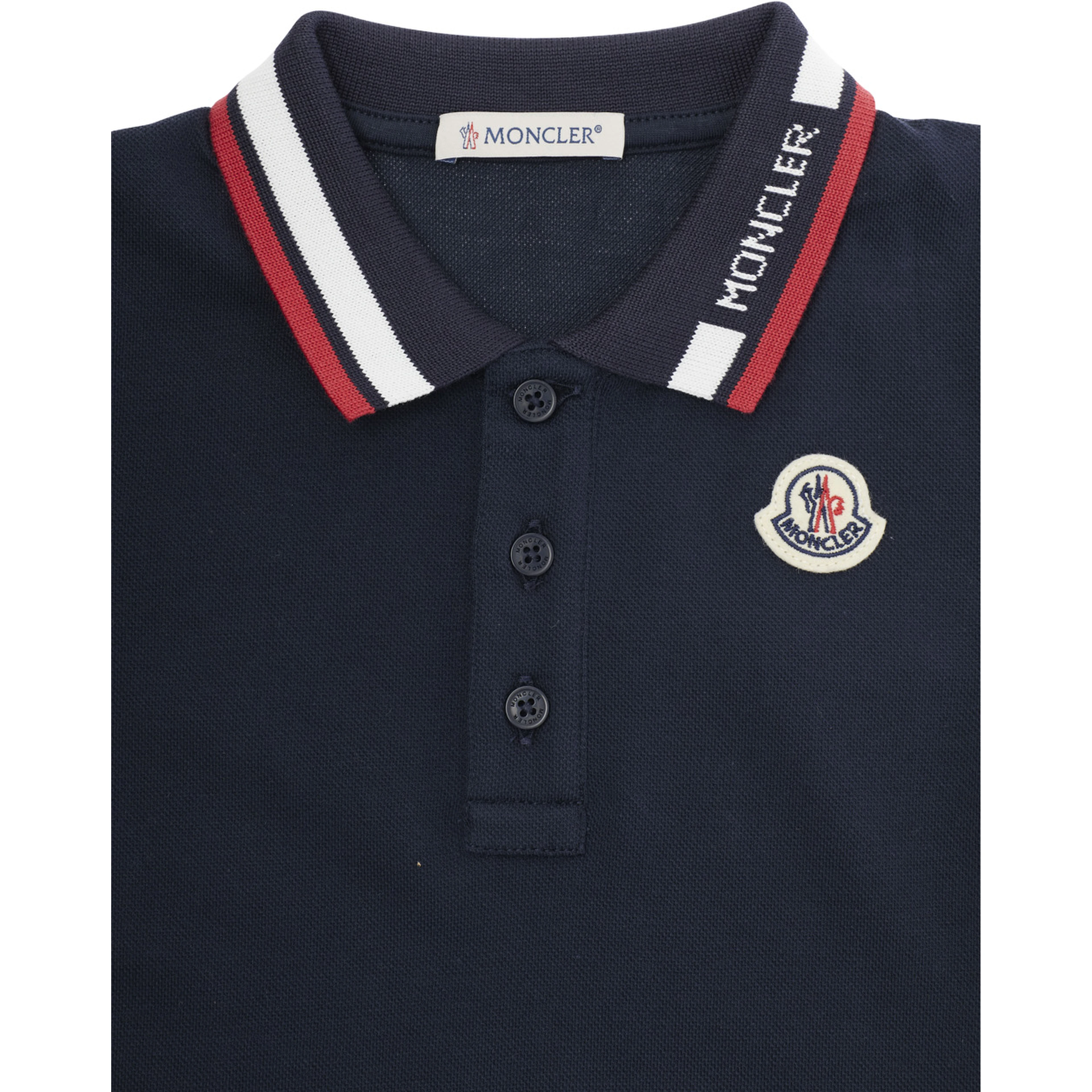Blue Polo Shirt with collar and sleeves with striped details and logo patch on the front in cotton baby