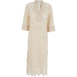 BALEY Beige Long Dress with Front Neckline and Crochet Work in Cotton Woman
