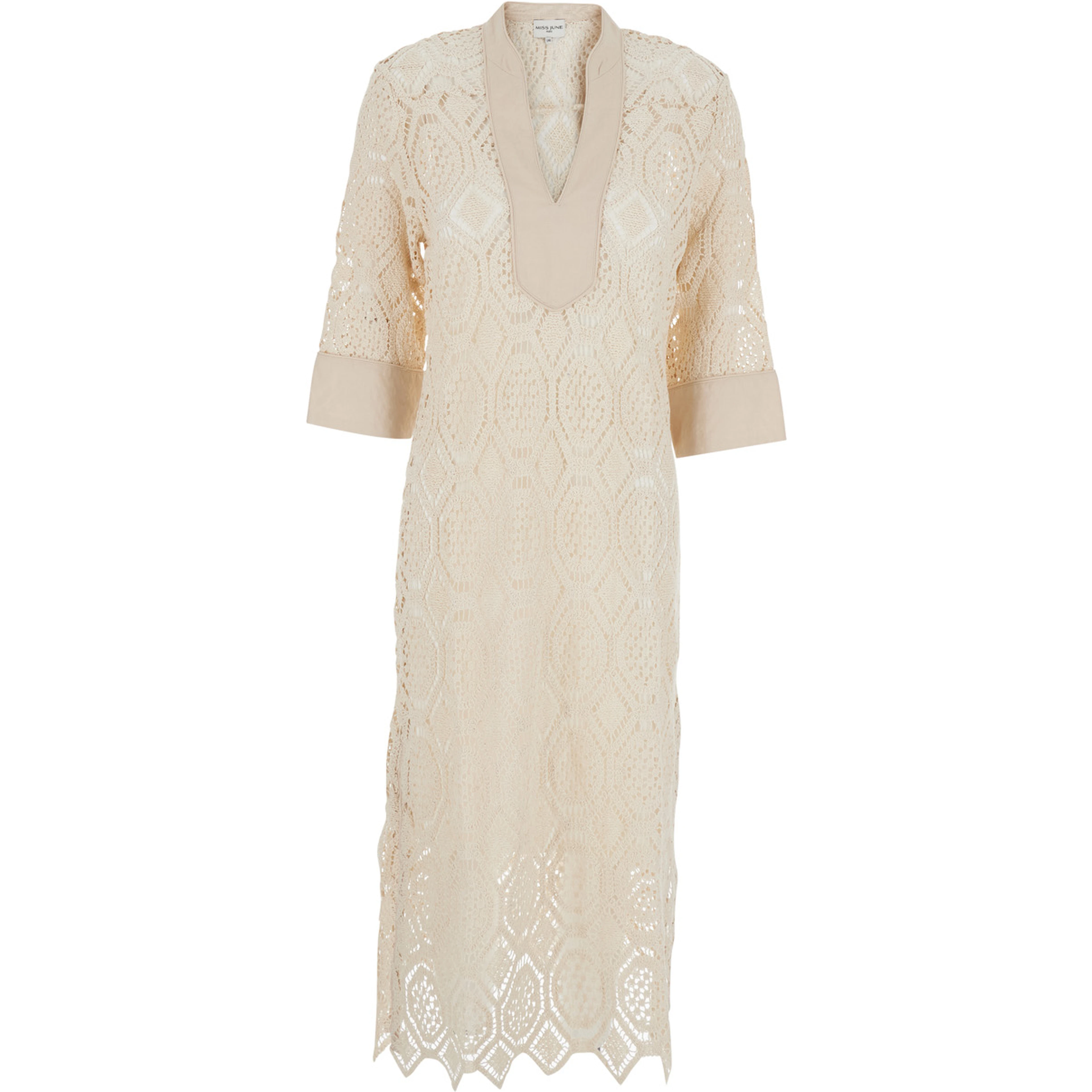 BALEY Beige Long Dress with Front Neckline and Crochet Work in Cotton Woman