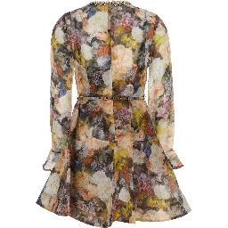 Alchemy Multicolor Mini Dress with all-over print and front belt in linen and silk for women