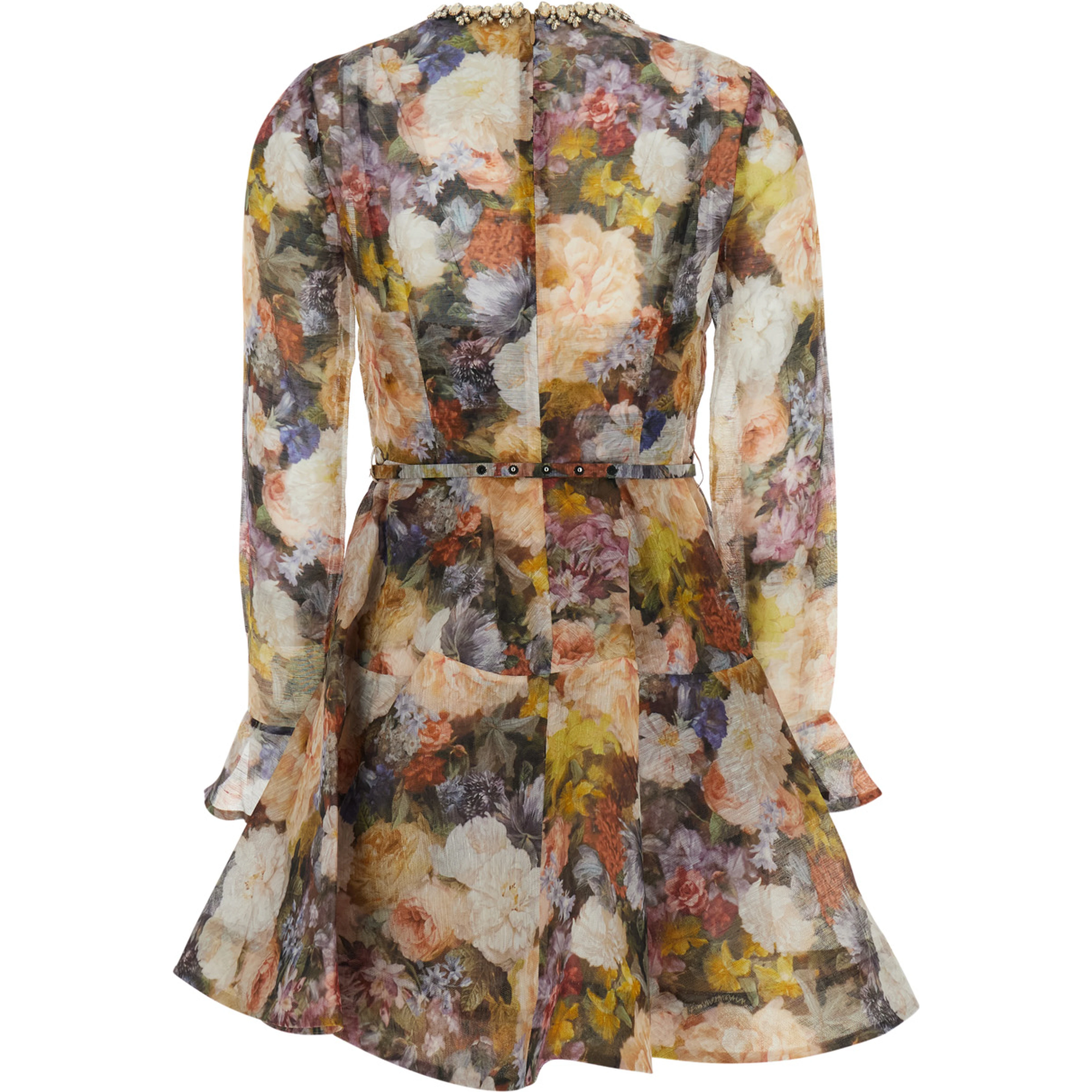 Alchemy Multicolor Mini Dress with all-over print and front belt in linen and silk for women