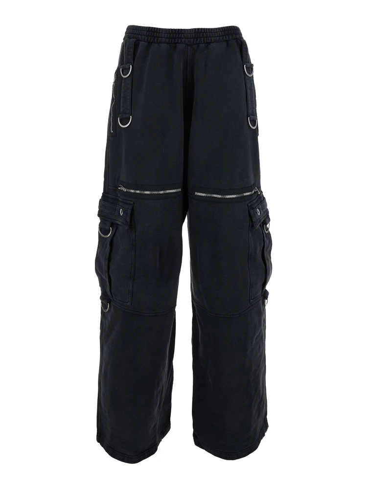 Black Cargo Pants with Applied Rings on Front and Back in Cotton for Men