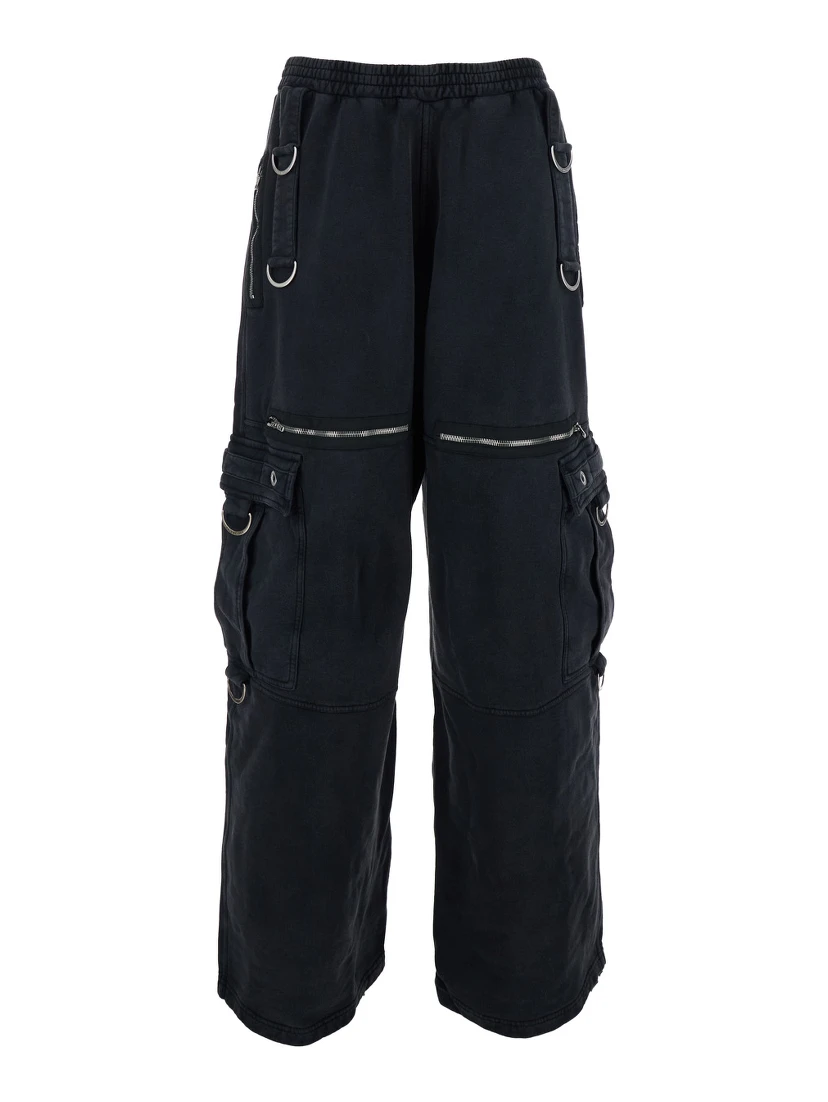 Black Cargo Pants with Applied Rings on Front and Back in Cotton for Men