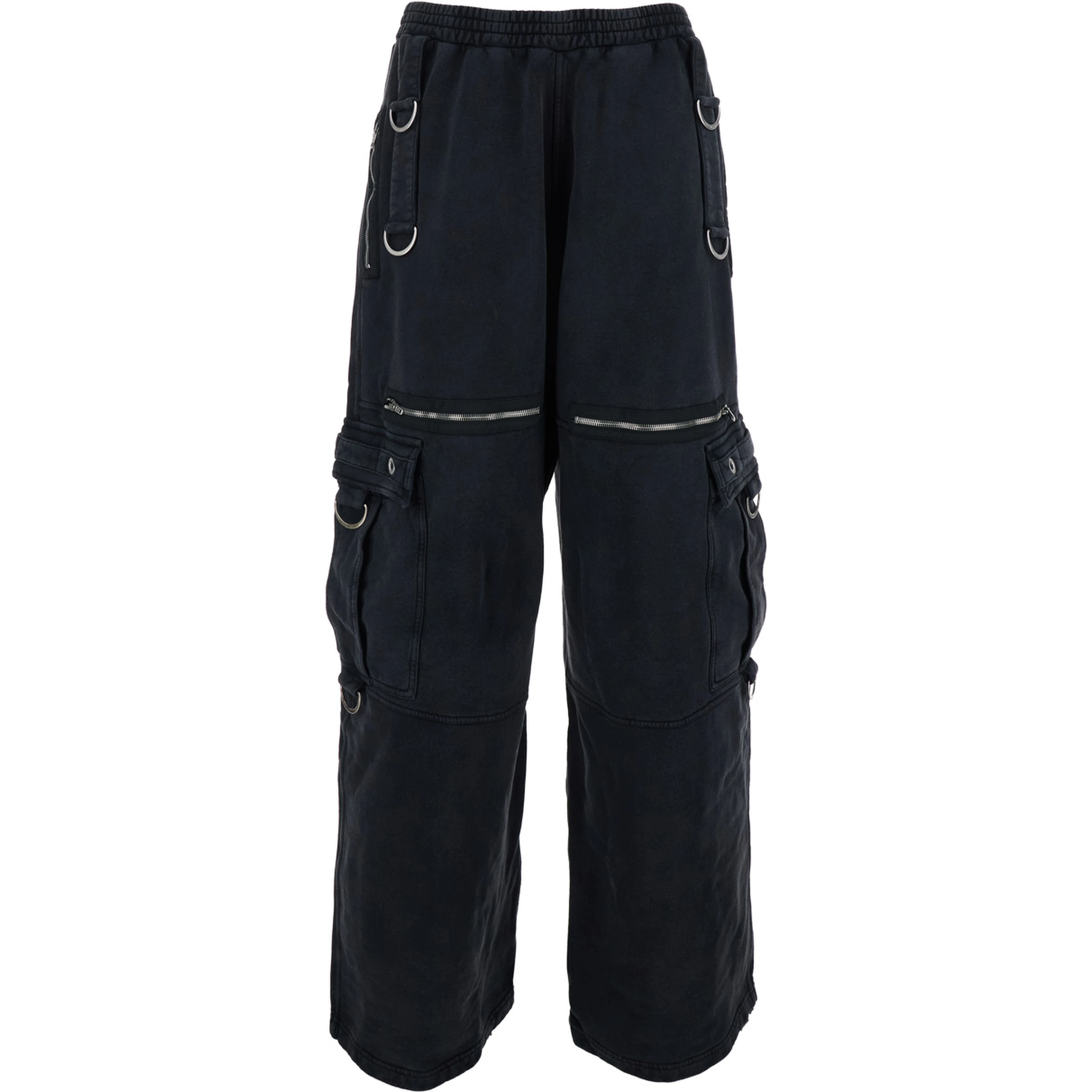 Black Cargo Pants with Applied Rings on Front and Back in Cotton for Men
