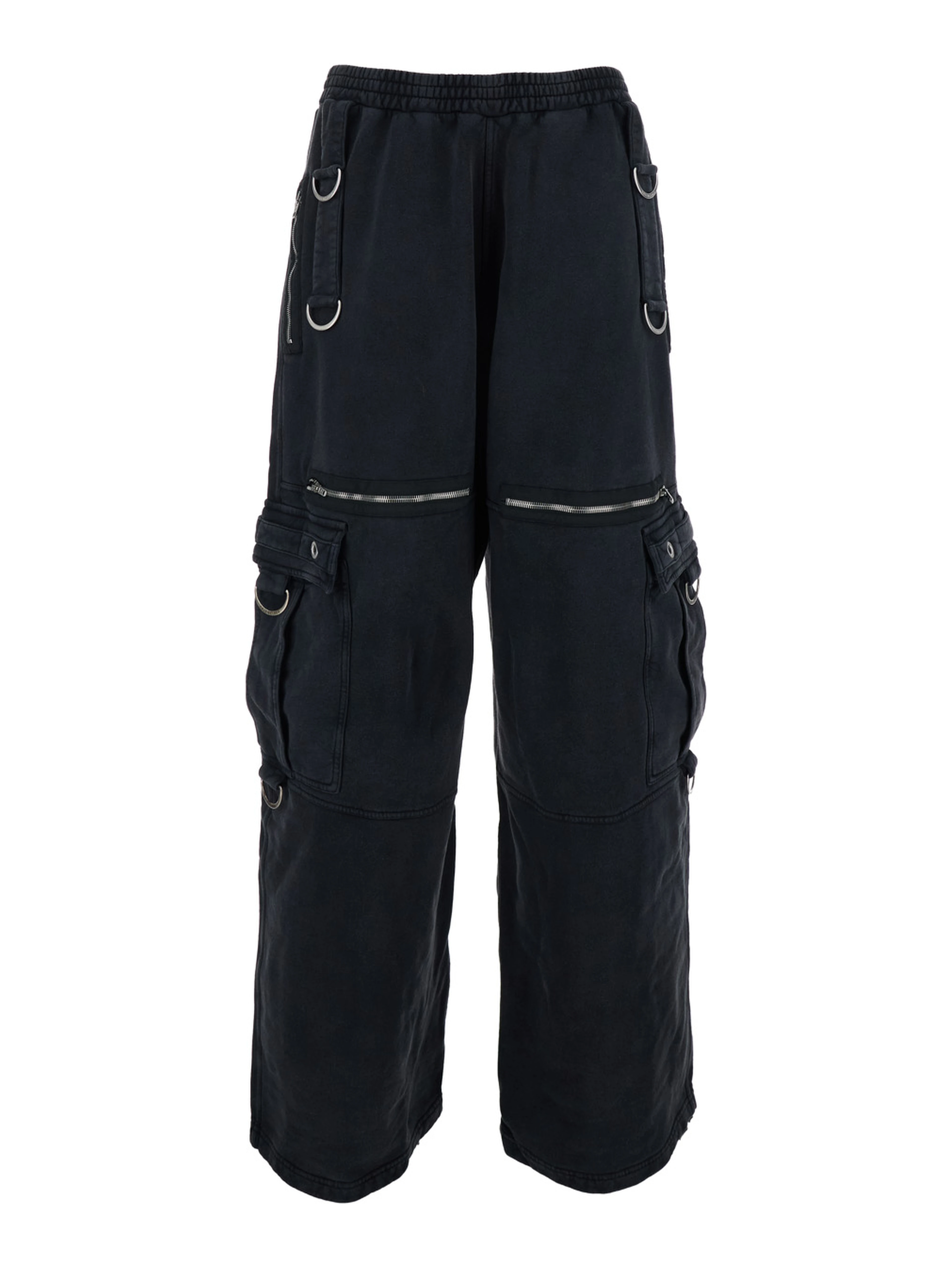 Black Cargo Pants with Applied Rings on Front and Back in Cotton for Men