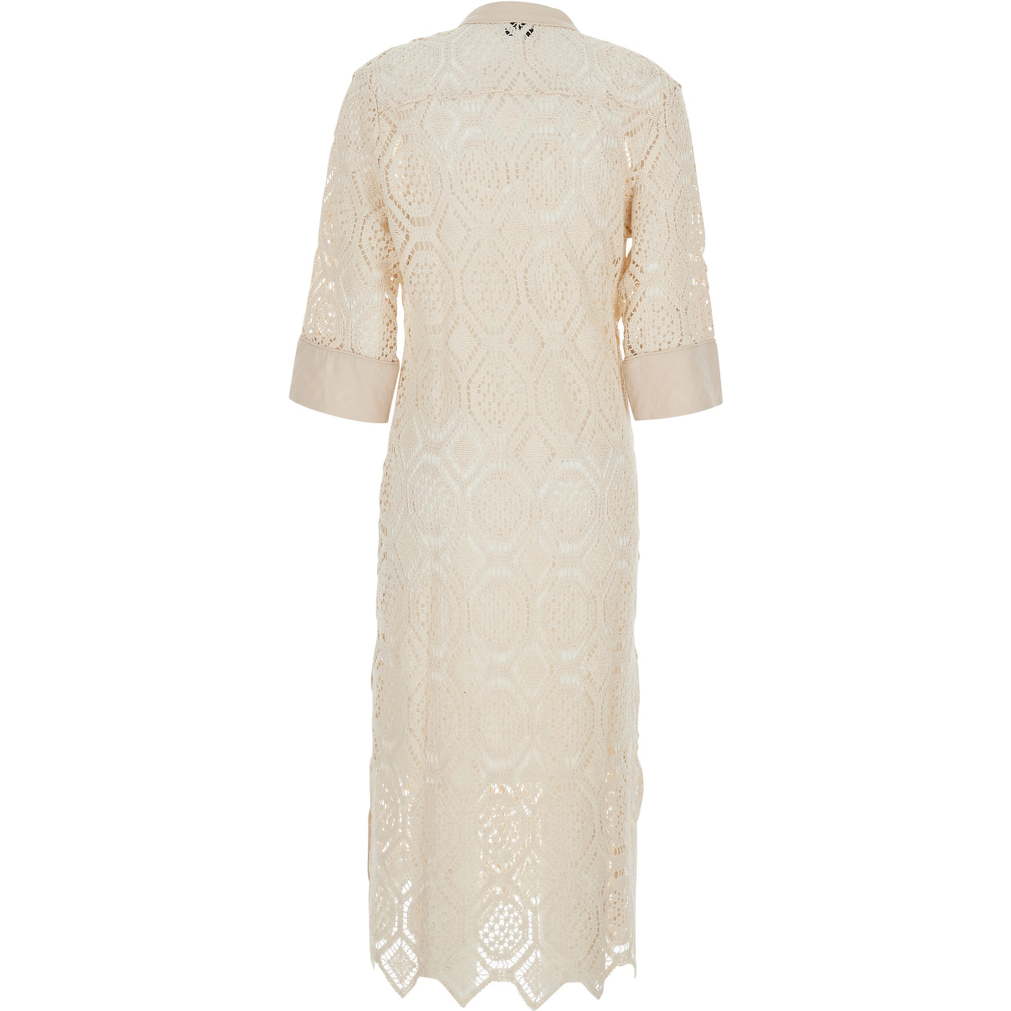 BALEY Beige Long Dress with Front Neckline and Crochet Work in Cotton Woman