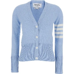 Light Blue Cardigan with V-neck and 4Bar Logo on Sleeve in Cashmere for Women