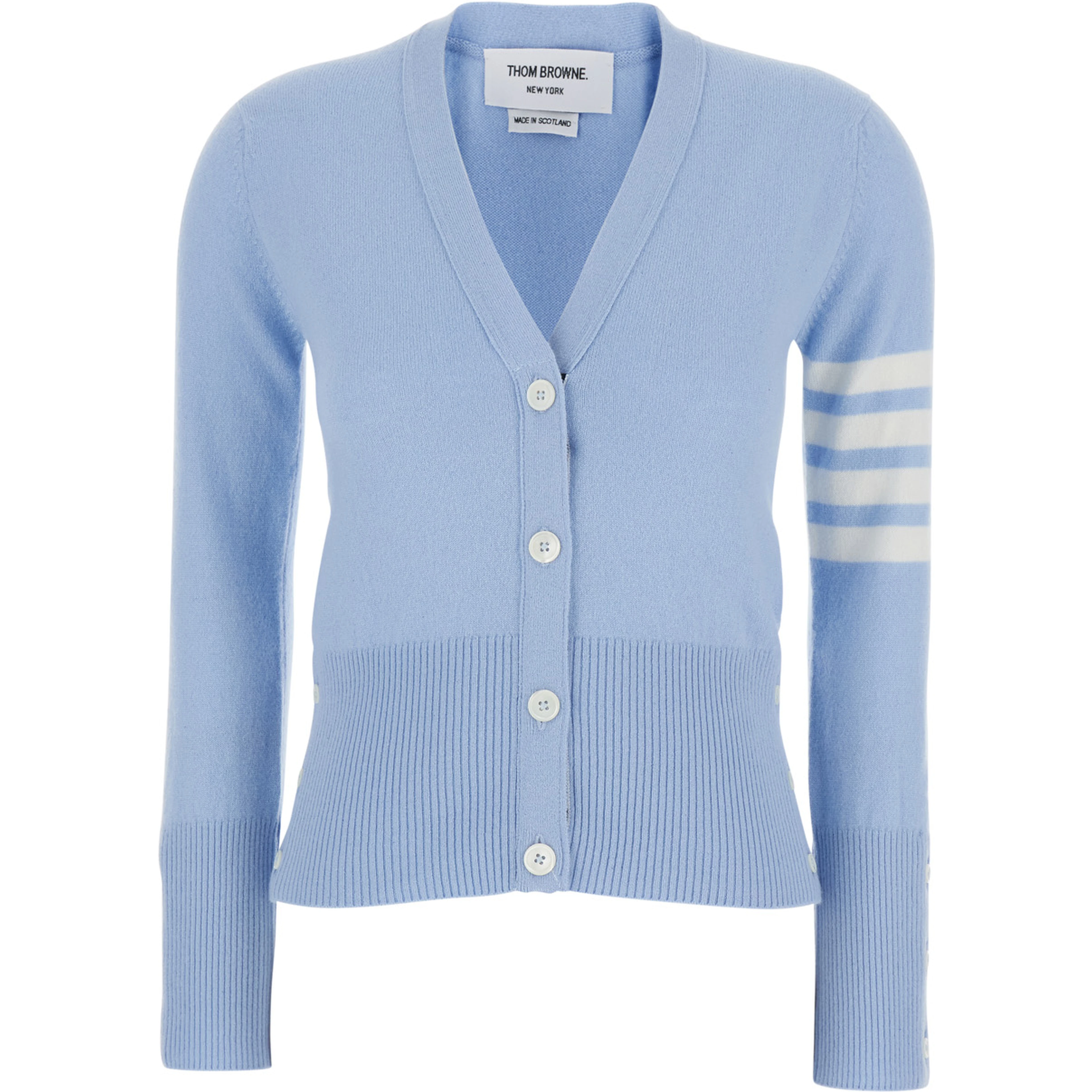 Light Blue Cardigan with V-neck and 4Bar Logo on Sleeve in Cashmere for Women