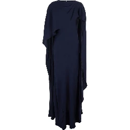 Izel Blue Long Dress with Asymmetric Draping and Side Zip Closure in Stretch Tech Fabric for Women