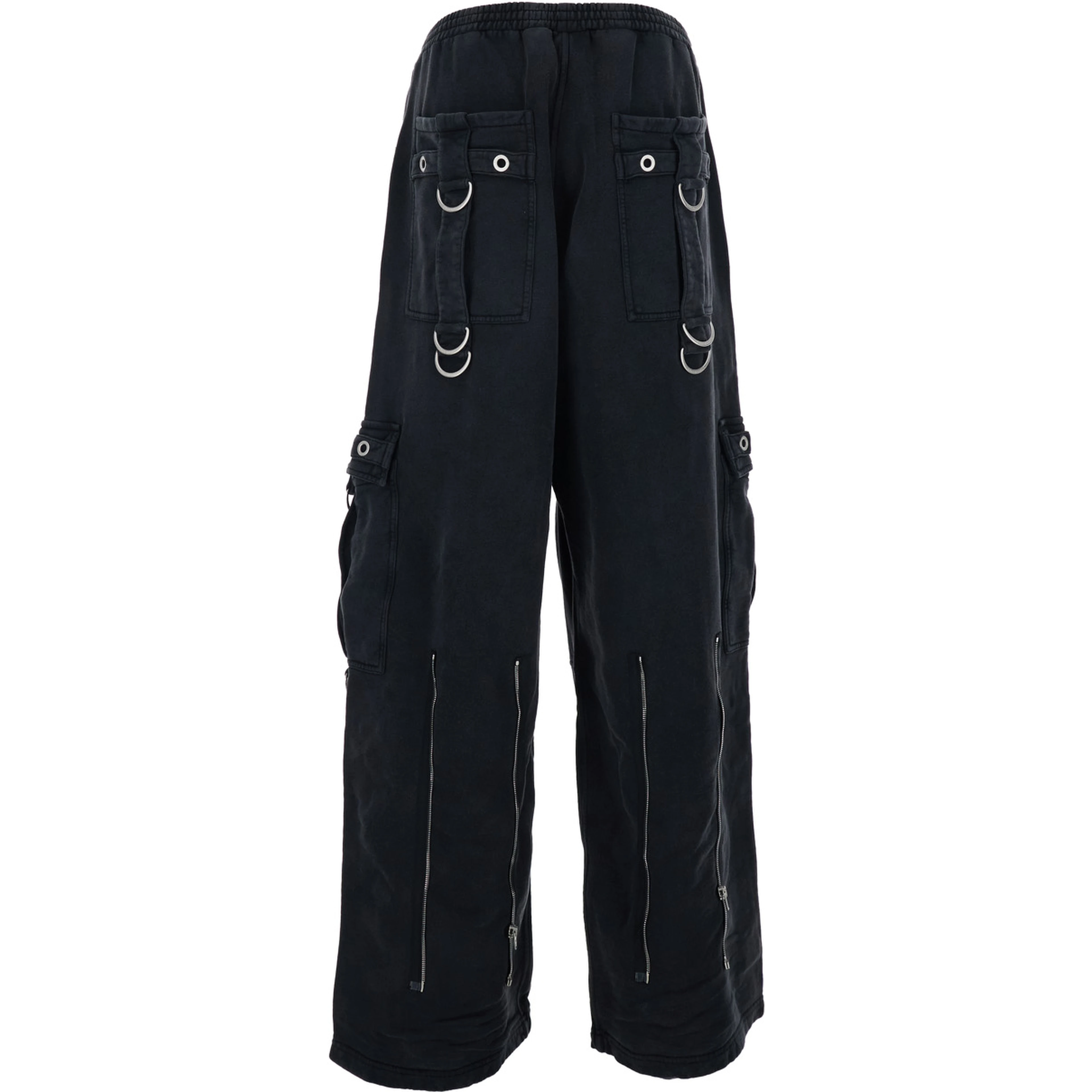 Black Cargo Pants with Applied Rings on Front and Back in Cotton for Men