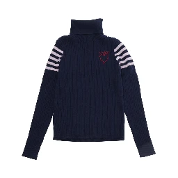 Blue Sweater with high collar and embroidered logo on the front in Cotton and Wool Girl