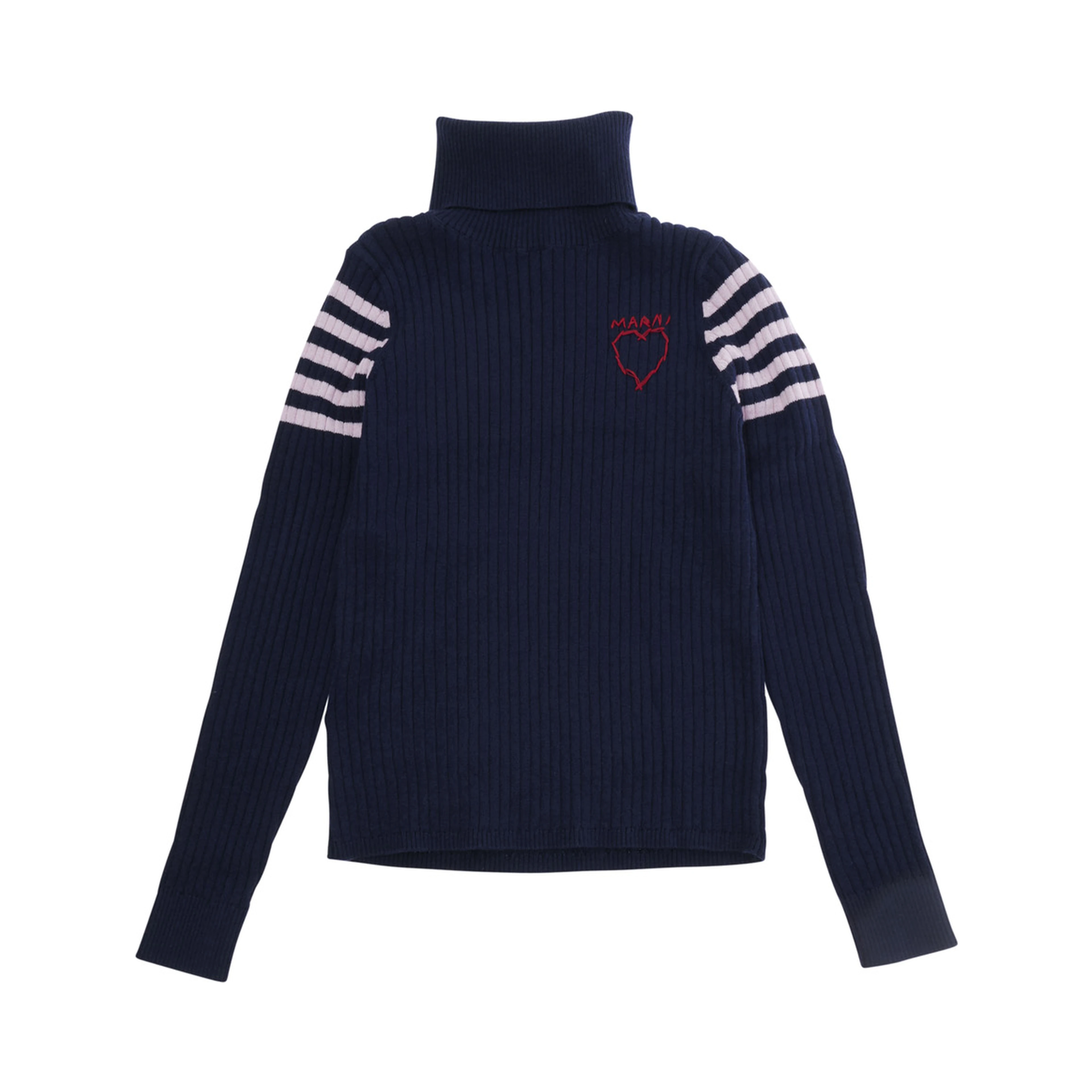 Blue Sweater with high collar and embroidered logo on the front in Cotton and Wool Girl