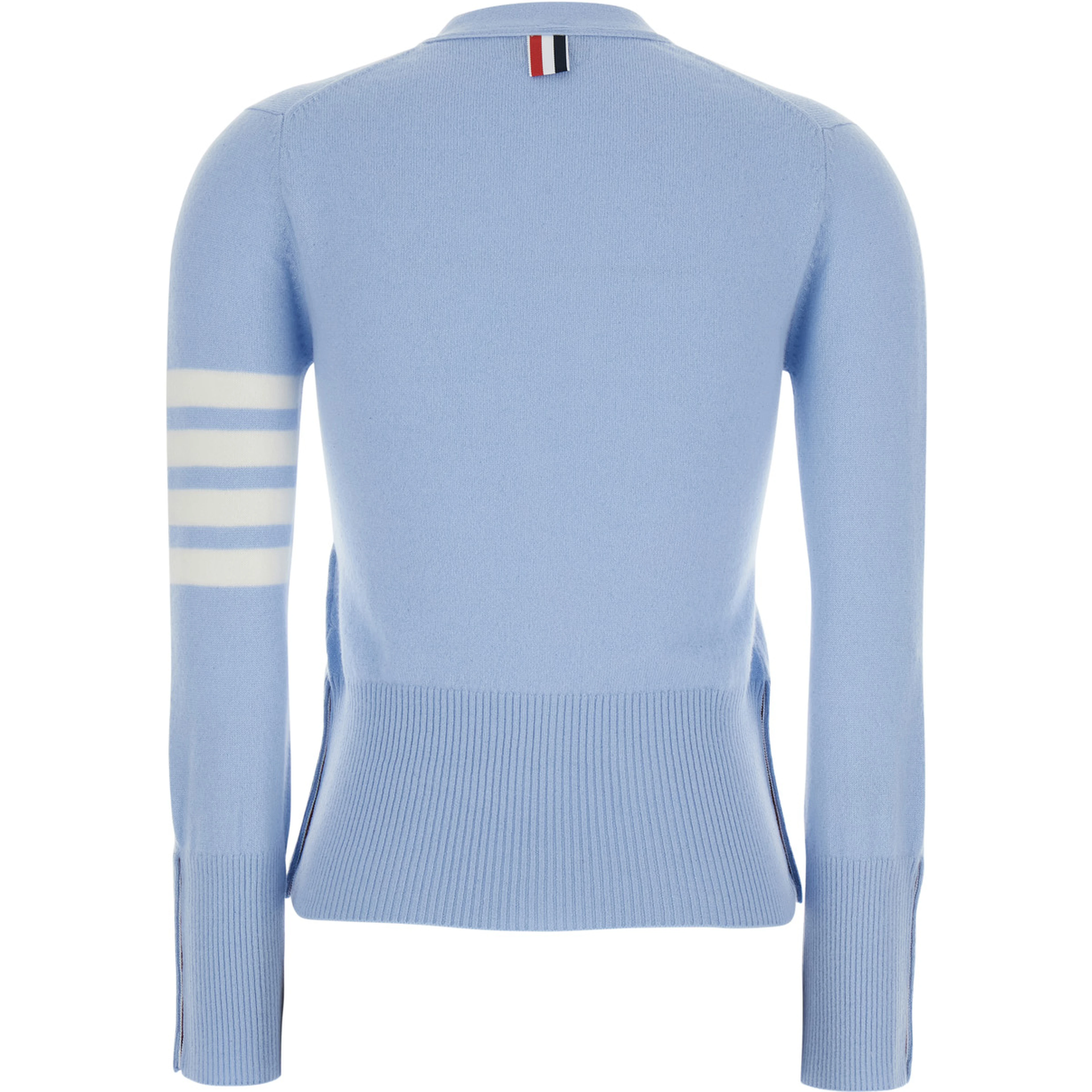 Light Blue Cardigan with V-neck and 4Bar Logo on Sleeve in Cashmere for Women
