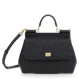 My Sicily Large Black Handbag with Logo Plate on Front in Grained Leather for Women