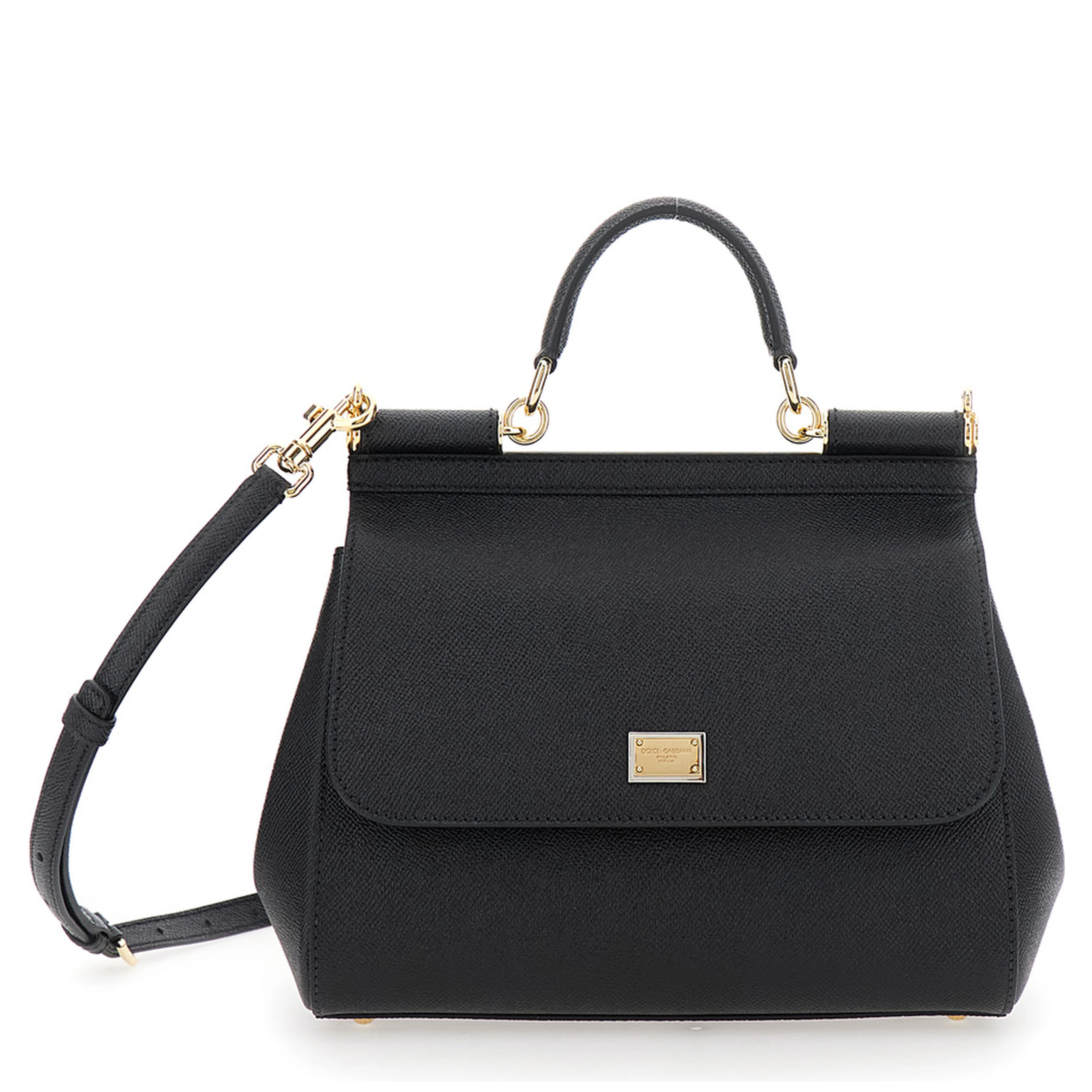My Sicily Large Black Handbag with Logo Plate on Front in Grained Leather for Women