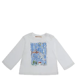 White Long Sleeve T-shirt with Front Print in Cotton Baby