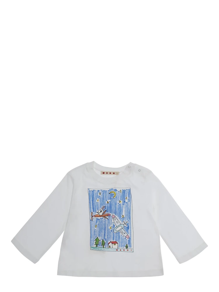 White Long Sleeve T-shirt with Front Print in Cotton Baby
